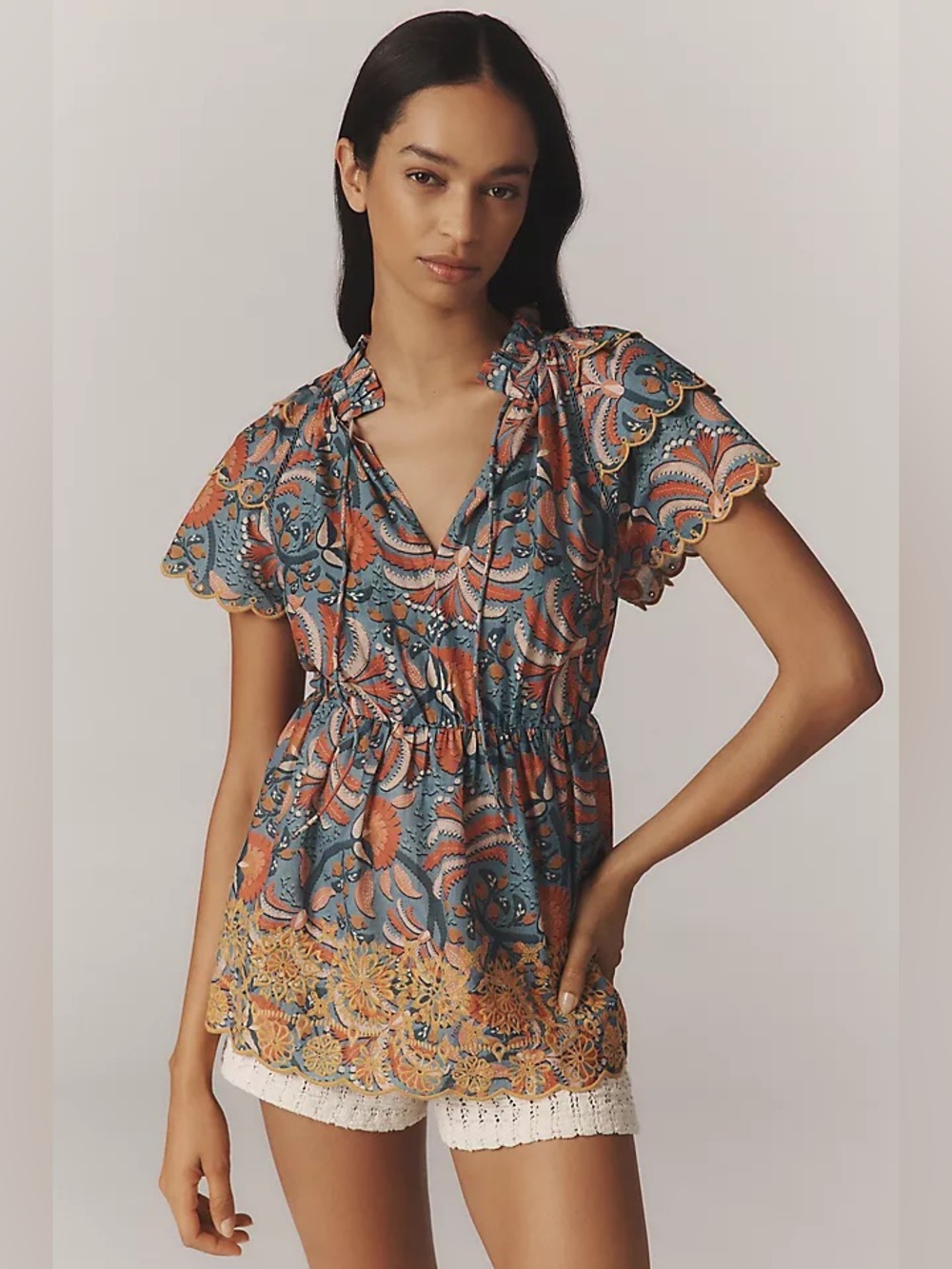 Farm Rio x Anthropologie Printed Richelieu High-Neck Short-Sleeve Ruffle Blouse